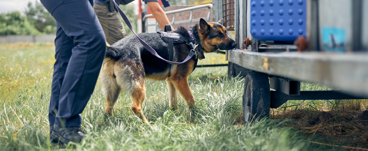 police dog sniffing a wagon for drugs
