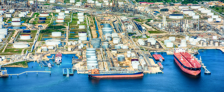 Aerial view of a port in Texas City, TX
