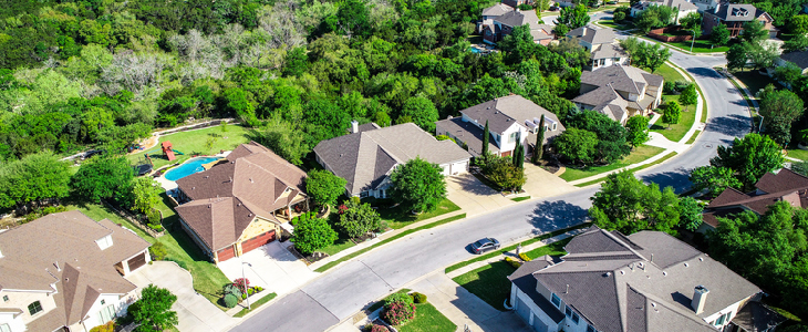 Aerial view of houses in Jacinto City, Texas