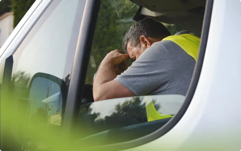 Truck driver in a hi-vis vest resting against the wheel, seen through a side mirror